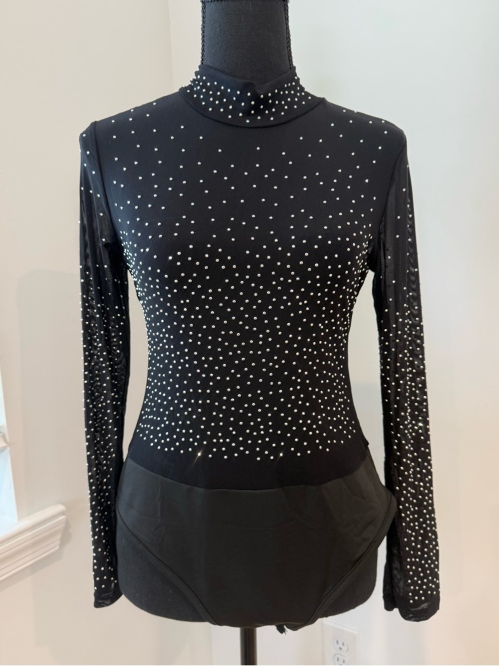 Black Rhinestone Mesh Bodysuit | Sheer Sparkle | Size M